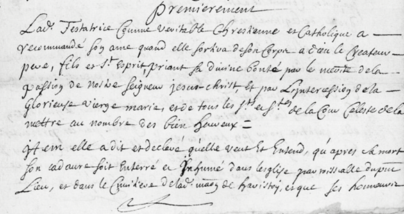 Figure 3. Extrait du testament de Jeanne d’Haristoy formulé devant le notaire Jean Chegaray, 4 avril 1689
