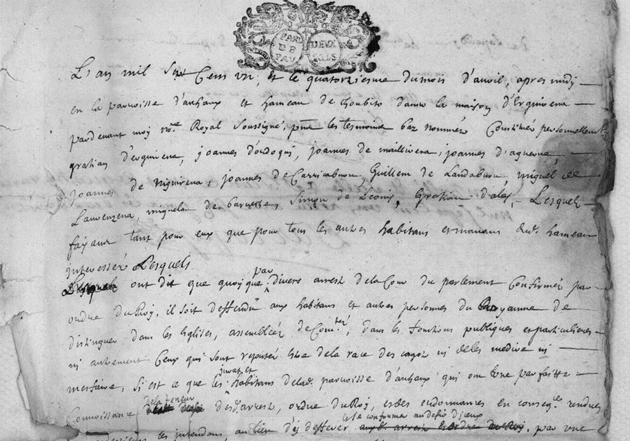 Figure 4. Extrait de l’acte notarié du 14 avril 1701 enregistrant la procuration des cagots de Chubitoa